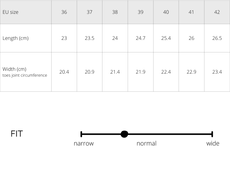 Cano size chart for Amelia, Mara Wedge and Emma sandals