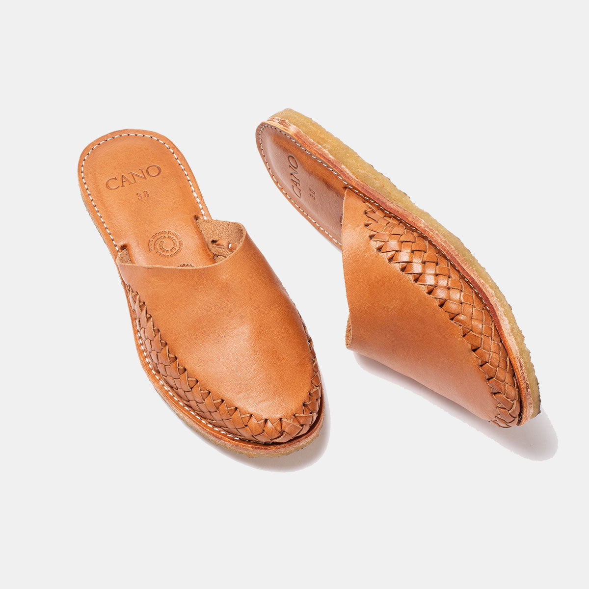 Cano Isabel Natural Cognac sustainable leather shoe top and side view