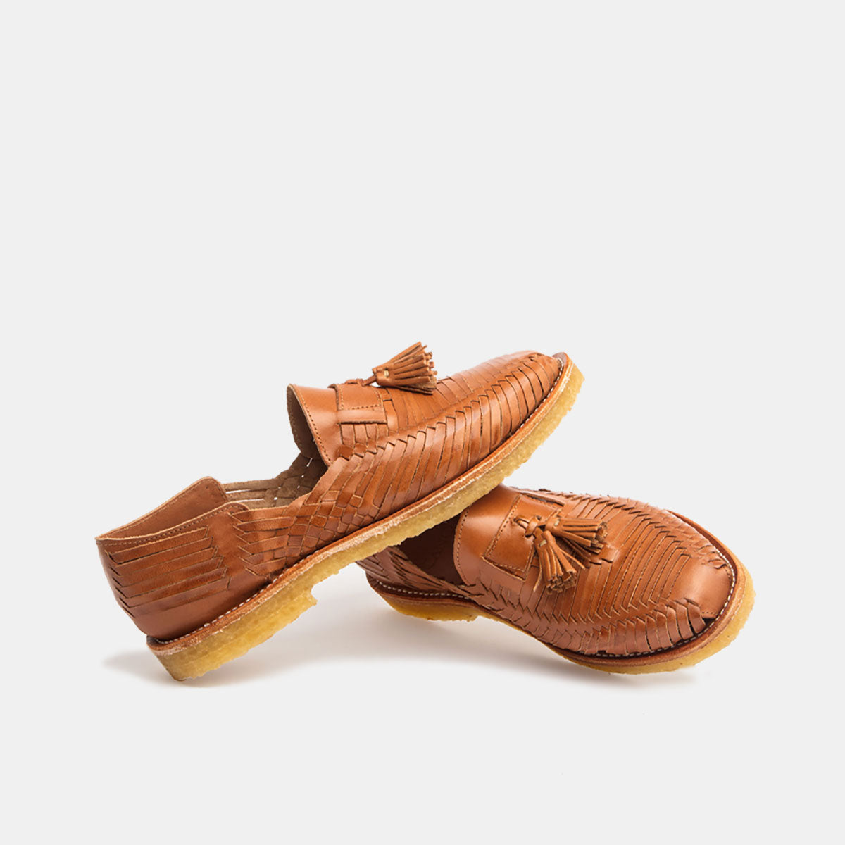 Cano Julio Natural Cognac woven huarache side and front view