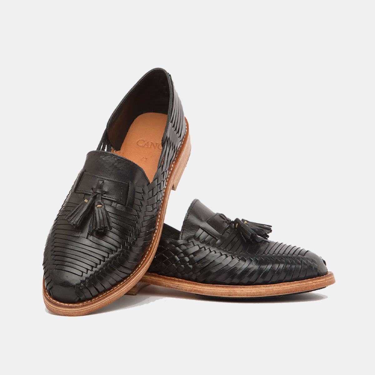 Cano Julio Black sustainable leather mocassin top and side view