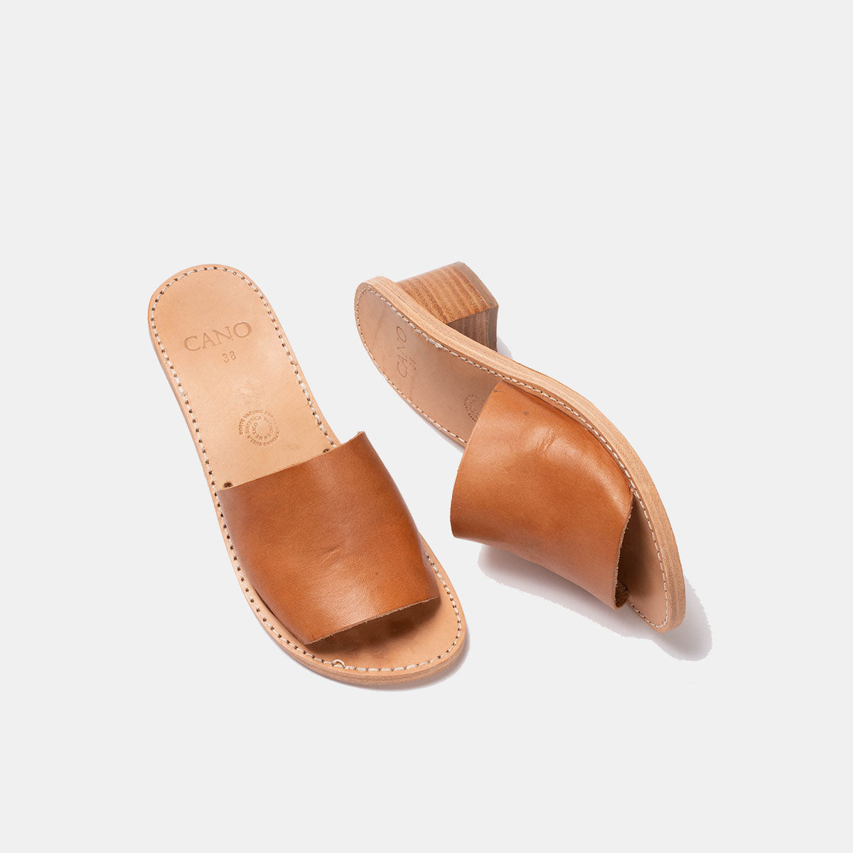 Cano Ximena Cognac vegetable-tanned sandal top and side view